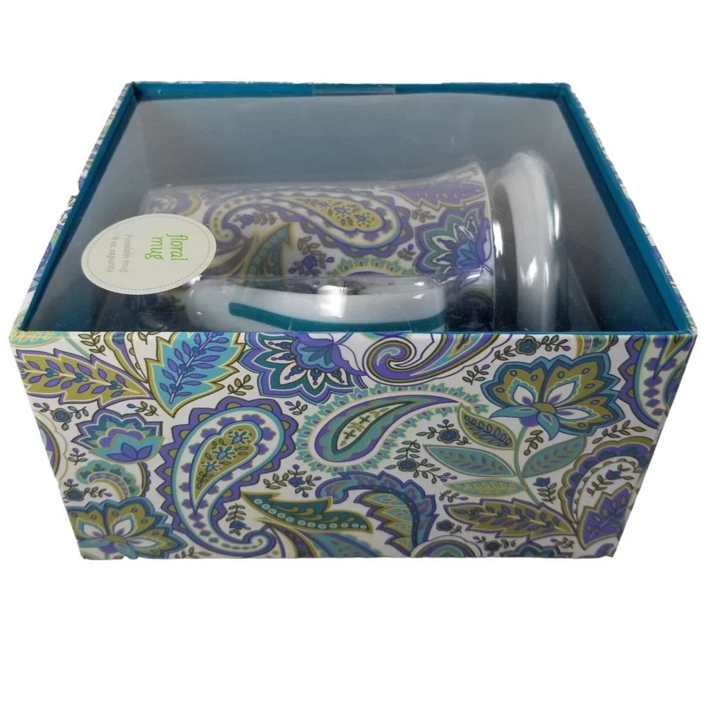 Lidded Tall 8oz Coffee Mug Gift Box Porcelain Blue/Yellow Paisley Floral B&N Mug - Picture 8 of 12